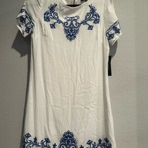 Lulu's White and Blue Boxy Mini Dress